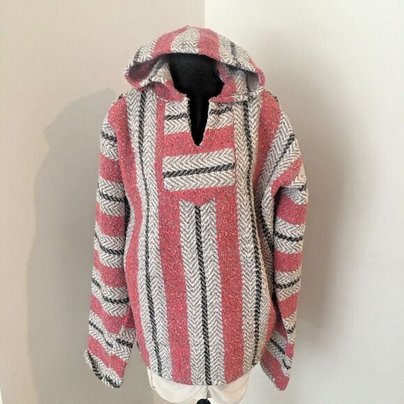 BAJA JOE Gray Red Stripe Boho Hippie Mexican Hoodie Pullover Top Mens Large - Picture 1 of 6